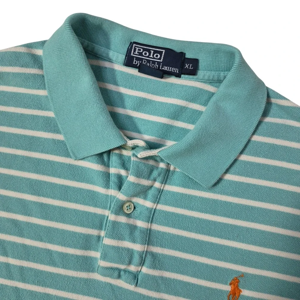 Polo Ralph Lauren Polo Shirt Mens XL Teal White Striped Cotton Pique Preppy Pony